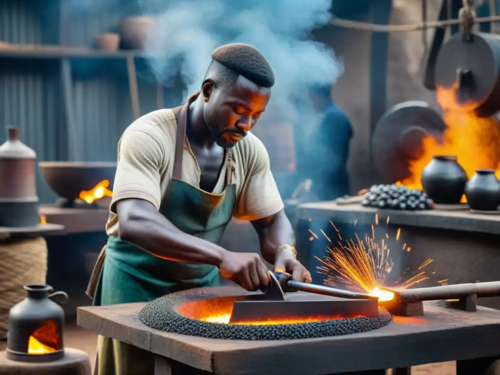 Un hábil herrero en África Subsahariana forja hierro, rodeado de herramientas antiguas y metalurgia tradicional