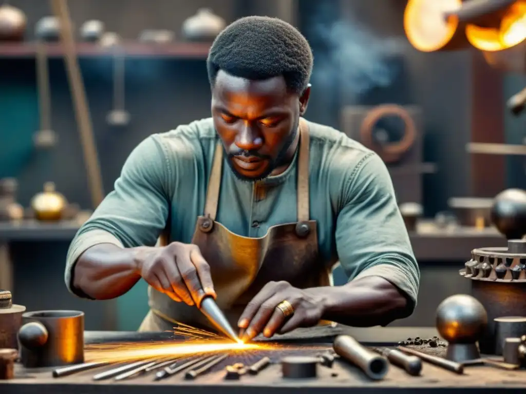 Un hábil metalúrgico africano en plena revolución industrial europea, trabajando con destreza y concentración en su taller lleno de herramientas