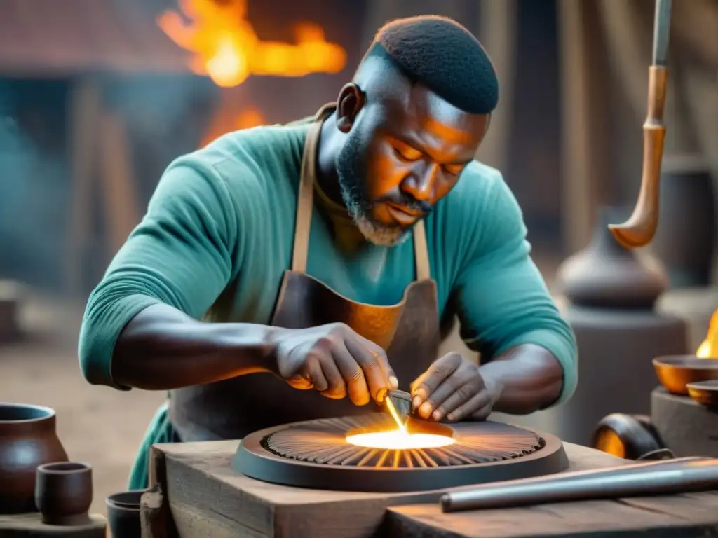 Un hábil metalúrgico Nok elaborando artefactos de bronce con herramientas tradicionales