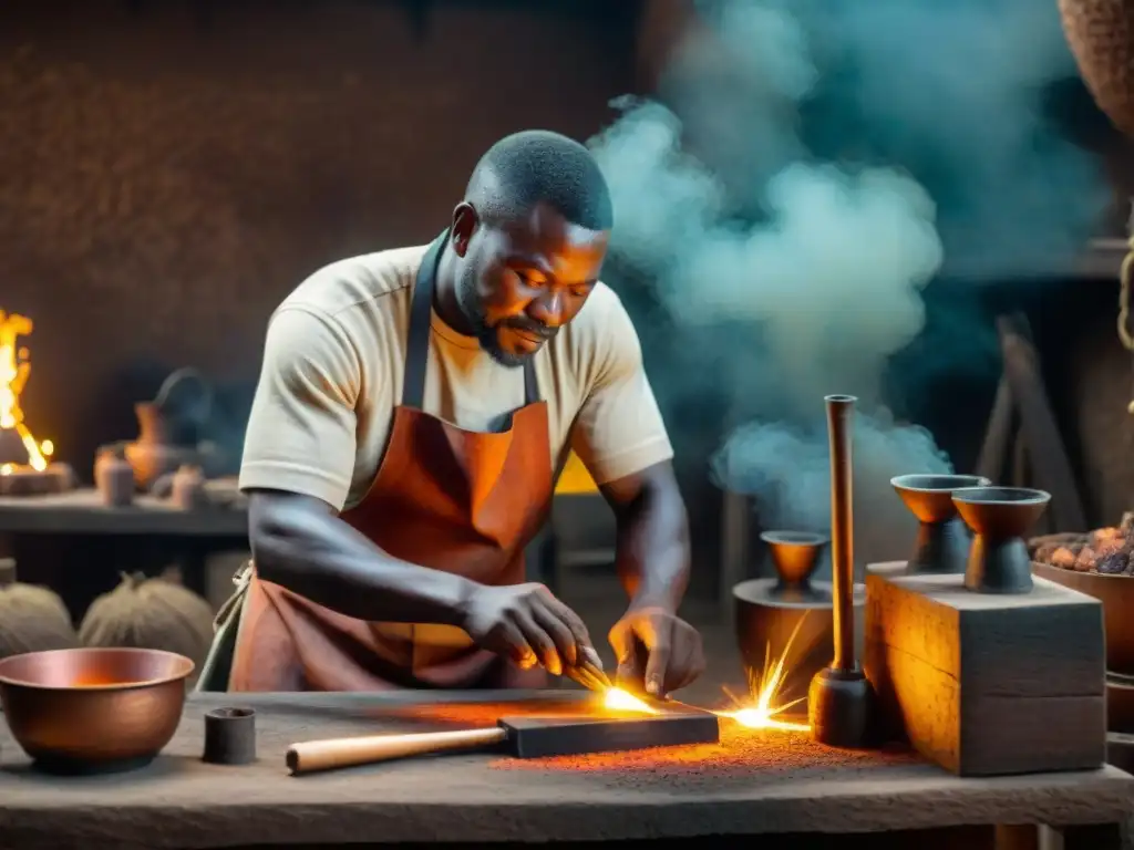 Un hábil metalúrgico del Reino Benín elabora artefactos de cobre en su taller, mostrando su legado cultural