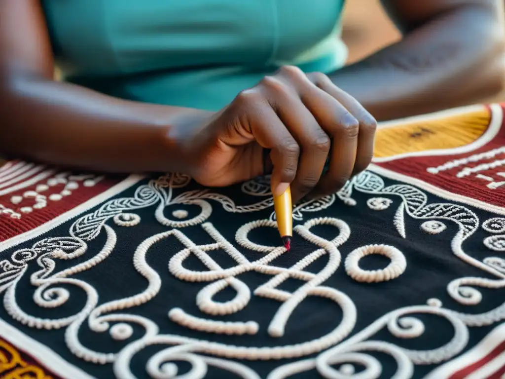 Un hábil calígrafo crea símbolos Adinkra en tela ghanesa, mostrando la belleza de los estilos caligráficos escrituras africanas