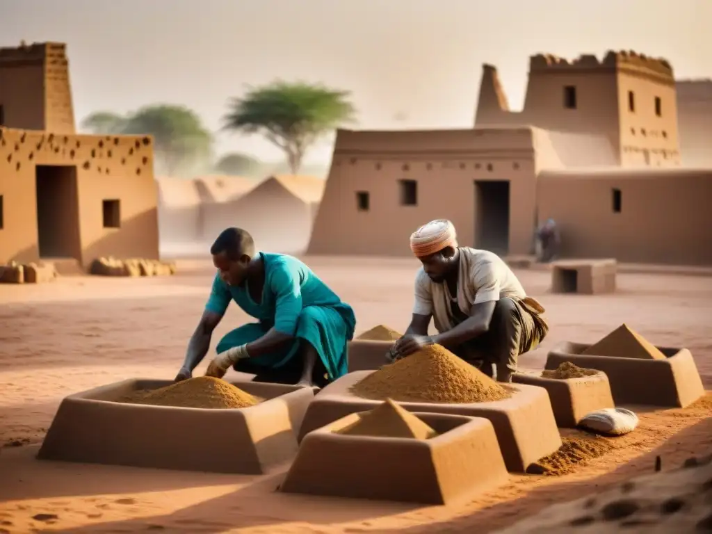 Hábiles albañiles construyen ladrillos de barro bajo el sol de Djenné, Mali