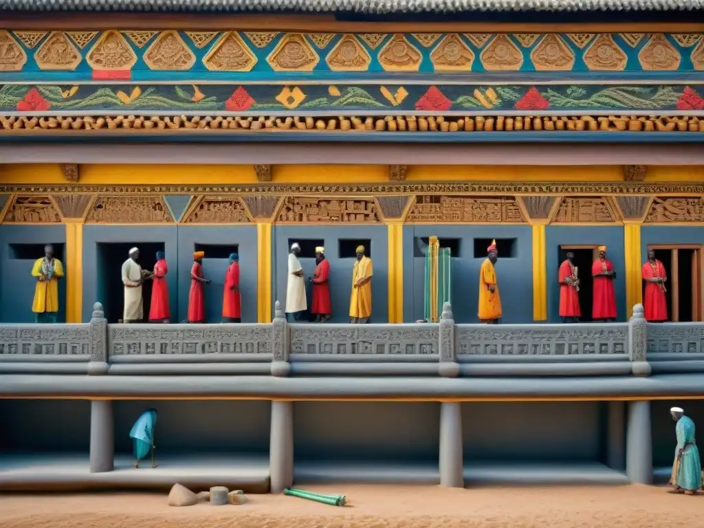 Hábiles artesanos restaurando adornos en templo africano, con telas tradicionales