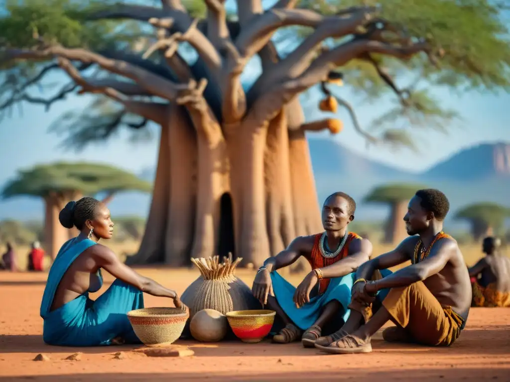 Hábiles artesanos africanos tejiendo bajo un baobab, creando cestas