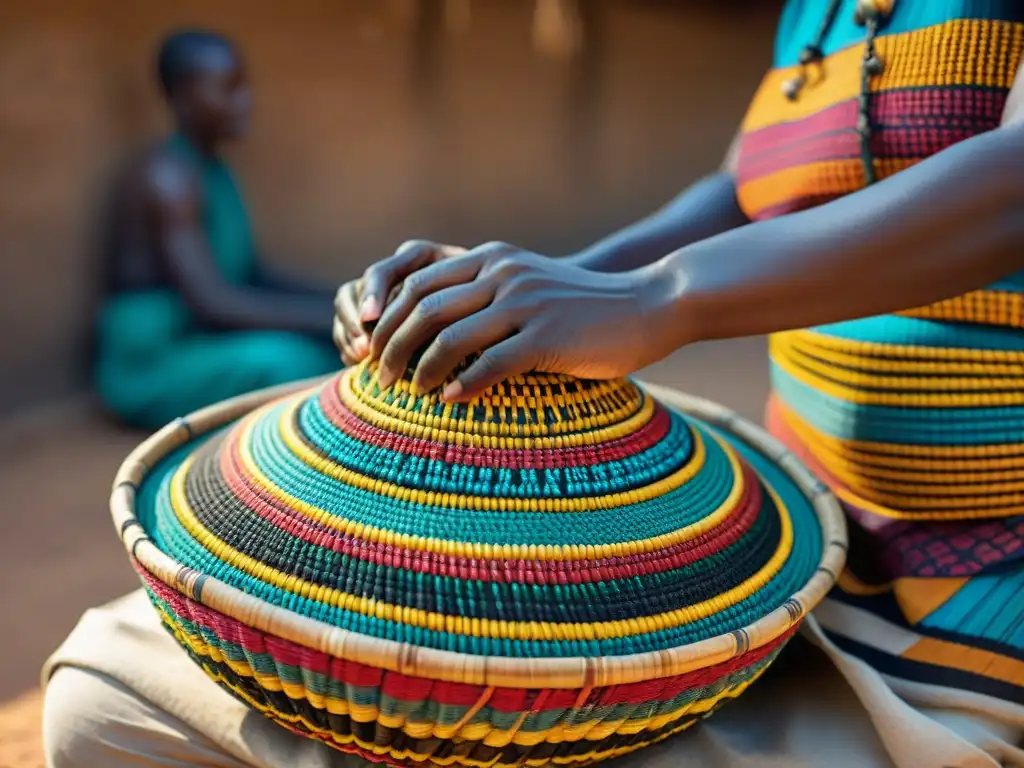 Hábiles artesanos africanos tejen cestas en un mercado vibrante, destacando la belleza del Arte de la cestería en África