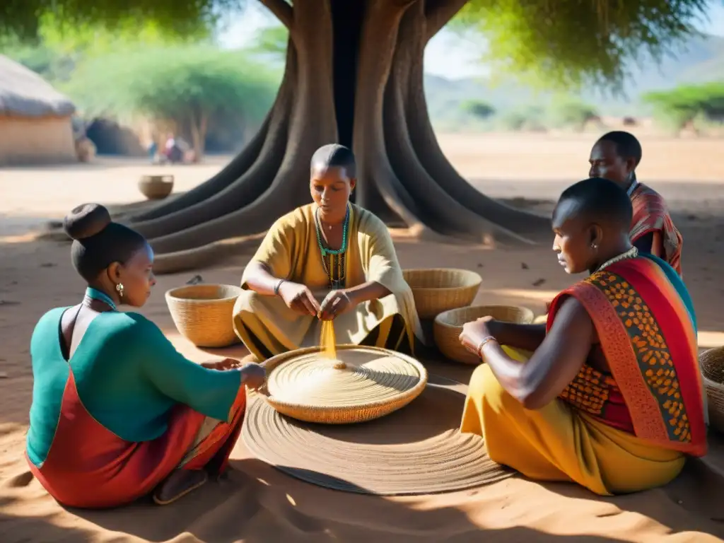 Hábiles artesanos africanos tejiendo coloridas cestas bajo un árbol