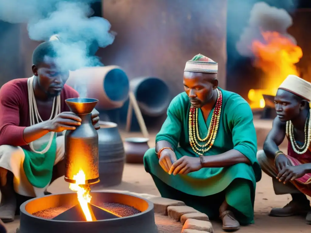 Hábiles artesanos africanos trabajan juntos en hornos de fundición precoloniales en mercado vibrante