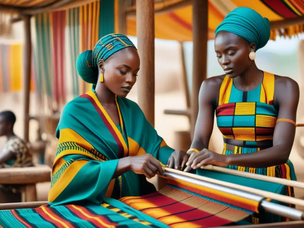 Hábiles artesanos africanos tejiendo Kente en telares de madera