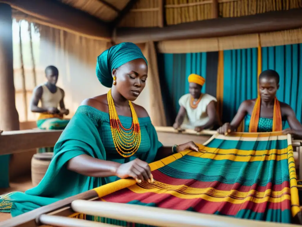 Hábiles artesanos africanos tejiendo Kente con patrones vibrantes bajo la luz natural, preservando la historia de la moda africana