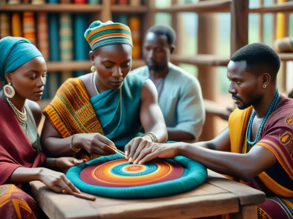 Hábiles artesanos africanos tejiendo patrones textiles vibrantes, transmitiendo significados culturales con destreza ancestral