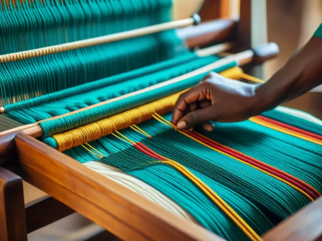 Hábiles artesanos africanos tejiendo ricos patrones textiles en telar de madera, simbolizando la riqueza comercial de las civilizaciones africanas