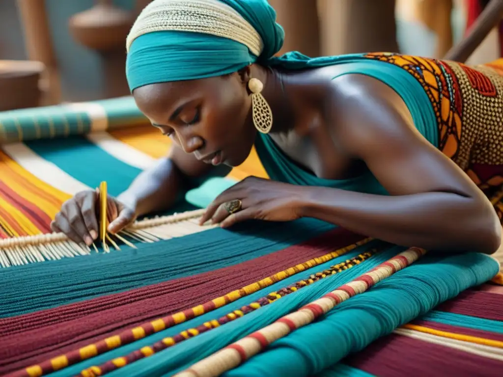 Hábiles artesanos africanos tejiendo tapices vibrantes con mensajes ocultos