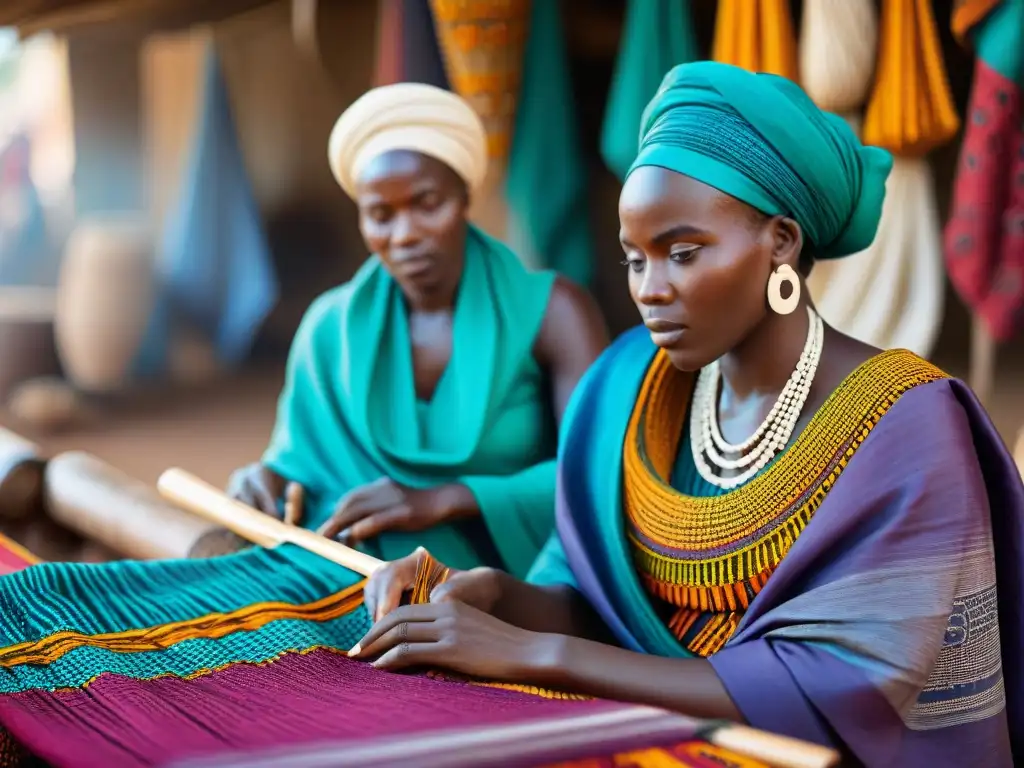 Hábiles artesanos africanos tejiendo textiles coloridos en un mercado, reflejando la historia y el arte de los tejidos africanos