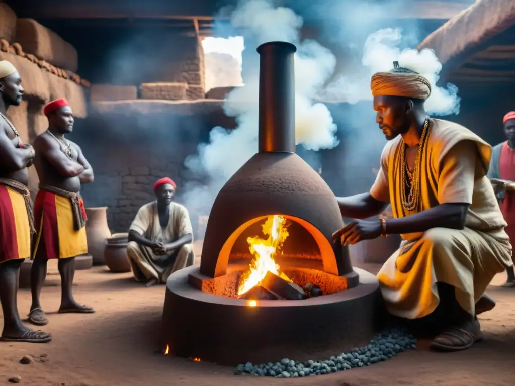 Hábiles artesanos en África creando herramientas de hierro en un antiguo horno, reflejando la tecnología del hierro en África