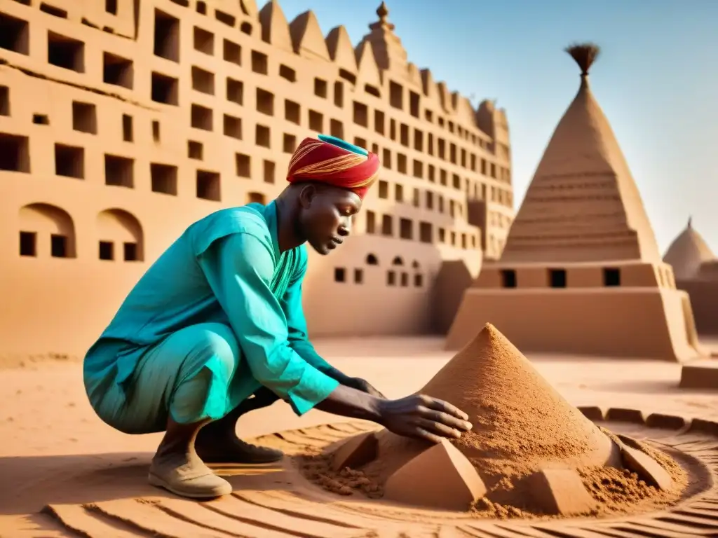 Hábiles artesanos locales construyen meticulosamente una mezquita de barro en Djenné, Mali, bajo el sol africano