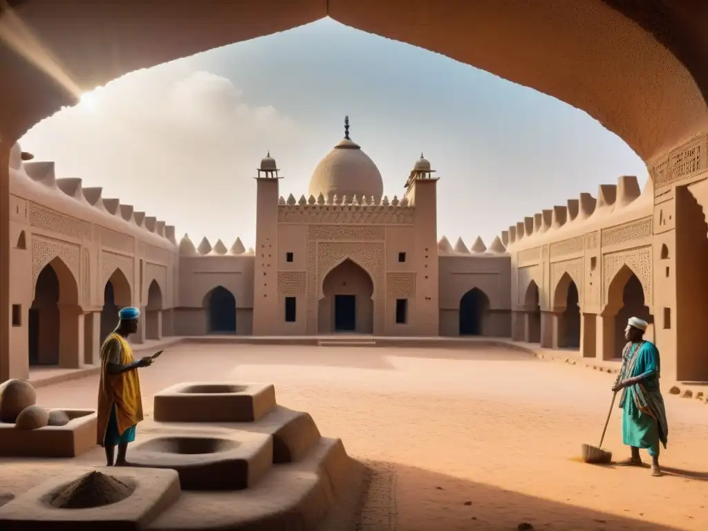 Hábiles constructores en Djenné, Mali, moldean con barro la gran mezquita bajo el sol abrasador