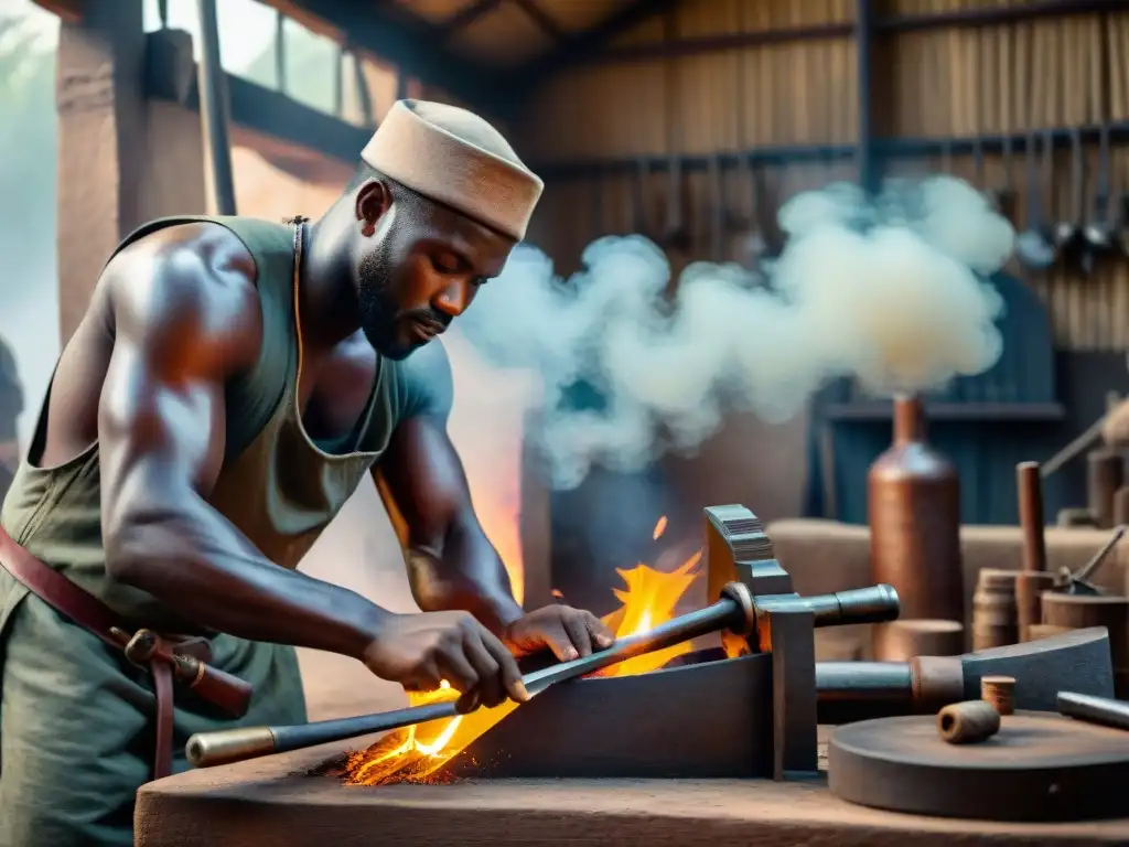 Hábiles herreros africanos forjando armas en taller tradicional