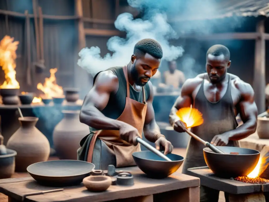 Hábiles herreros africanos forjando herramientas y armas en una fragua tradicional, destacando el desarrollo tecnológico en civilizaciones africanas