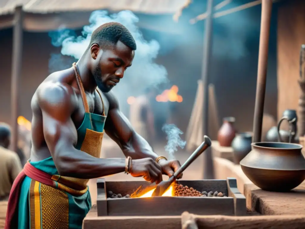 Hábiles herreros africanos forjando herramientas de hierro en un animado mercado precolonial, destacando la tecnología del hierro en África