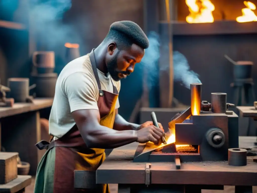 Hábiles herreros africanos forjando herramientas y armas en un taller tradicional, destacando la metalurgia africana revolución industrial europea