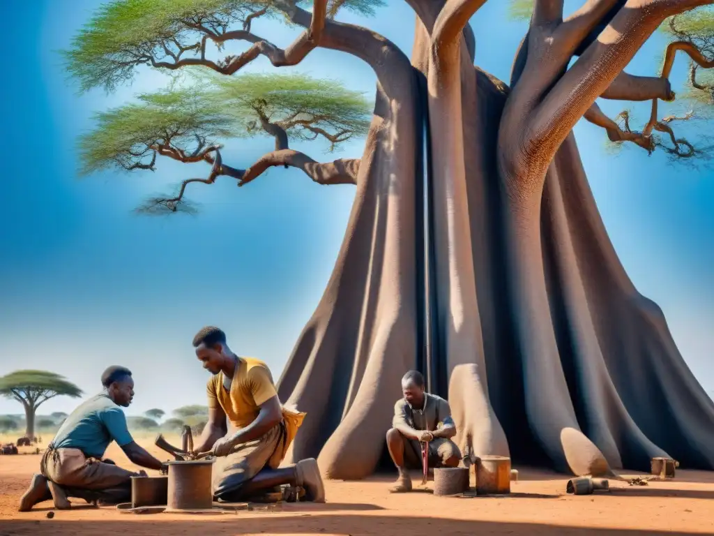 Hábiles herreros africanos forjando herramientas bajo un baobab, con chispas volando, mostrando la metalurgia africana revolución industrial europea