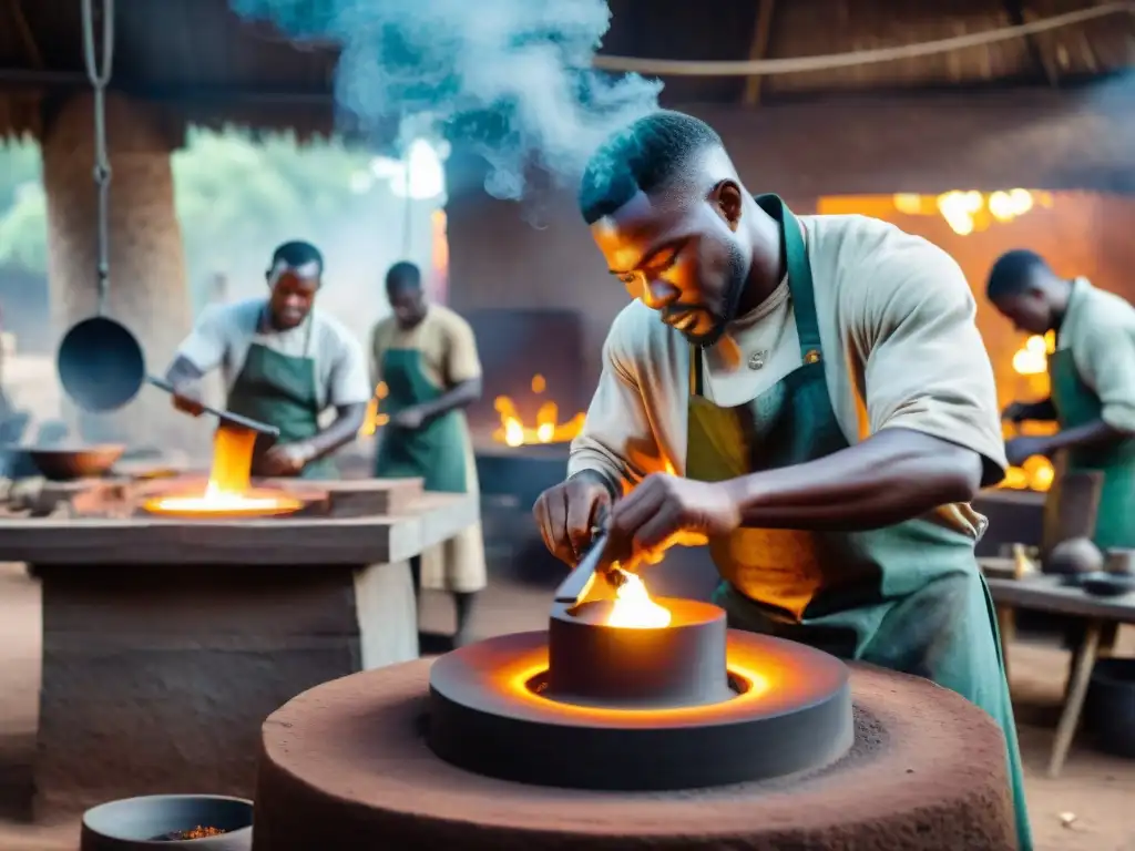 Hábiles herreros africanos forjando metal, mostrando desarrollo tecnológico en civilizaciones africanas