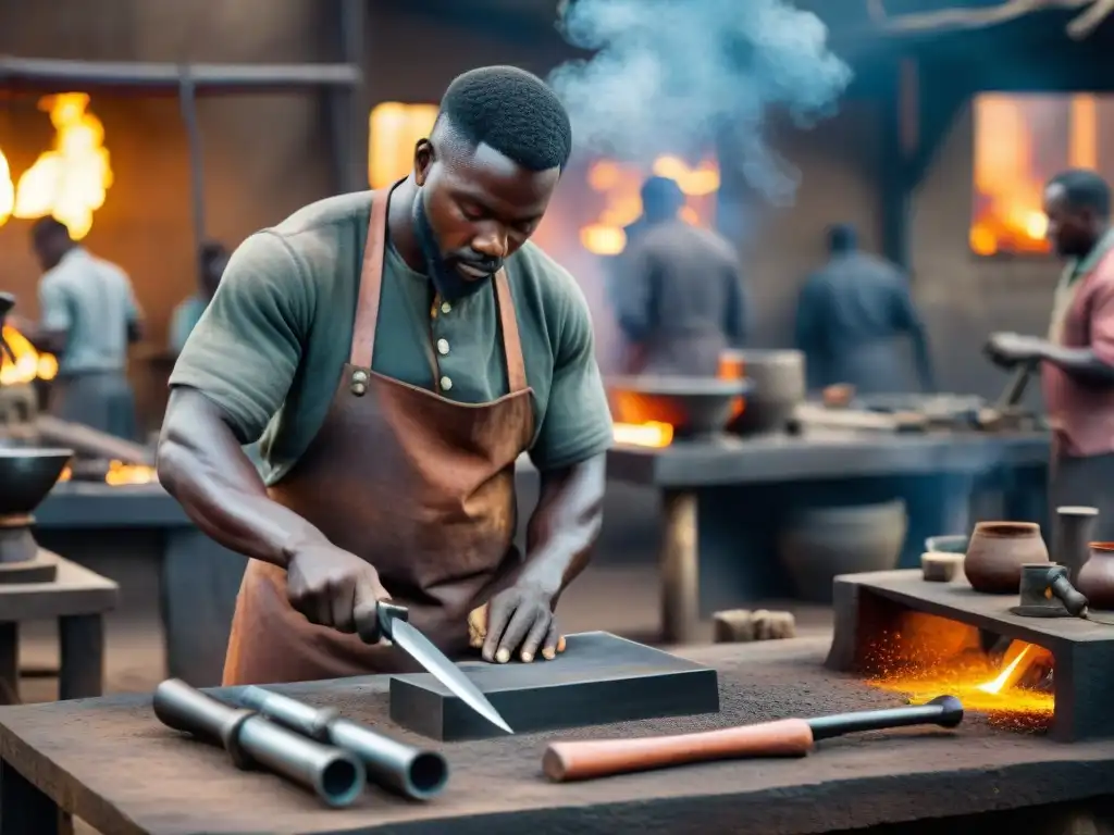 Hábiles herreros africanos forjando piezas metálicas en un bullicioso mercado