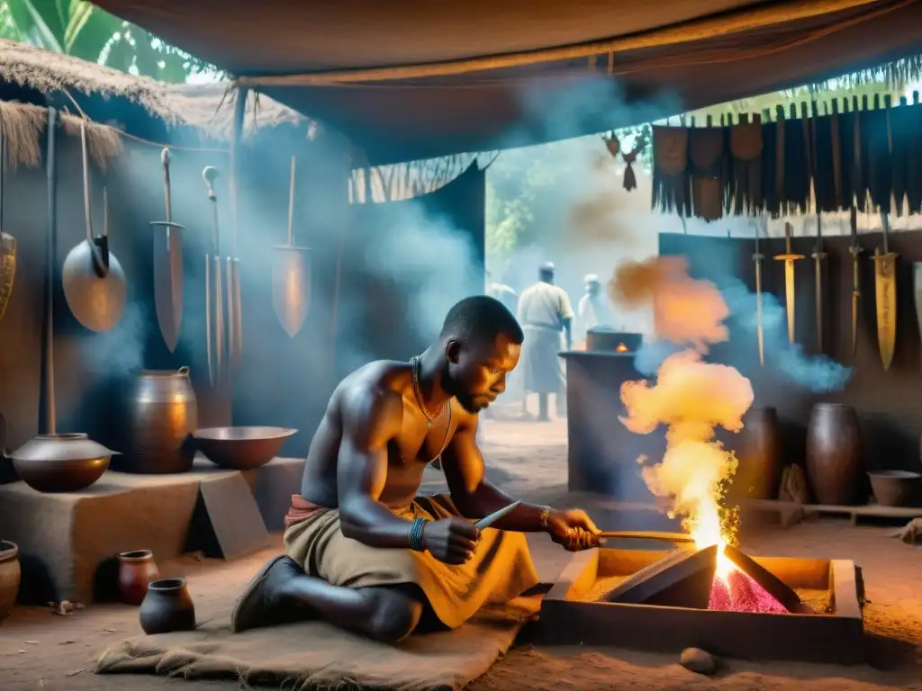 Hábiles herreros en colorido mercado africano, creando armamentos en civilizaciones África Central