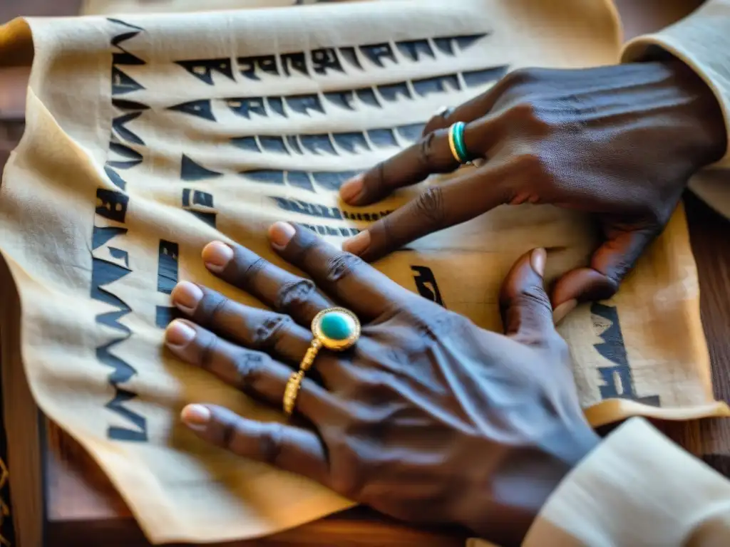 Las hábiles manos de un anciano Fulani crean el alfabeto Adlam en un pergamino, destacando la belleza de los sistemas de escritura africanos complejos