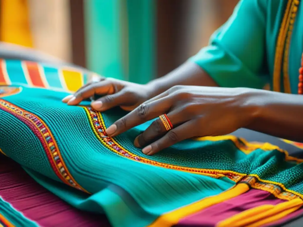 Las hábiles manos de un artesano africano tejiendo un colorido y elaborado patrón de tela Dashiki, mostrando la historia del dashiki como moda