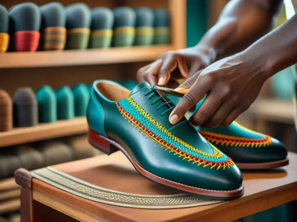 Las hábiles manos de un artesano tejen hilos coloridos en un zapato de cuero, creando un diseño africano contemporáneo