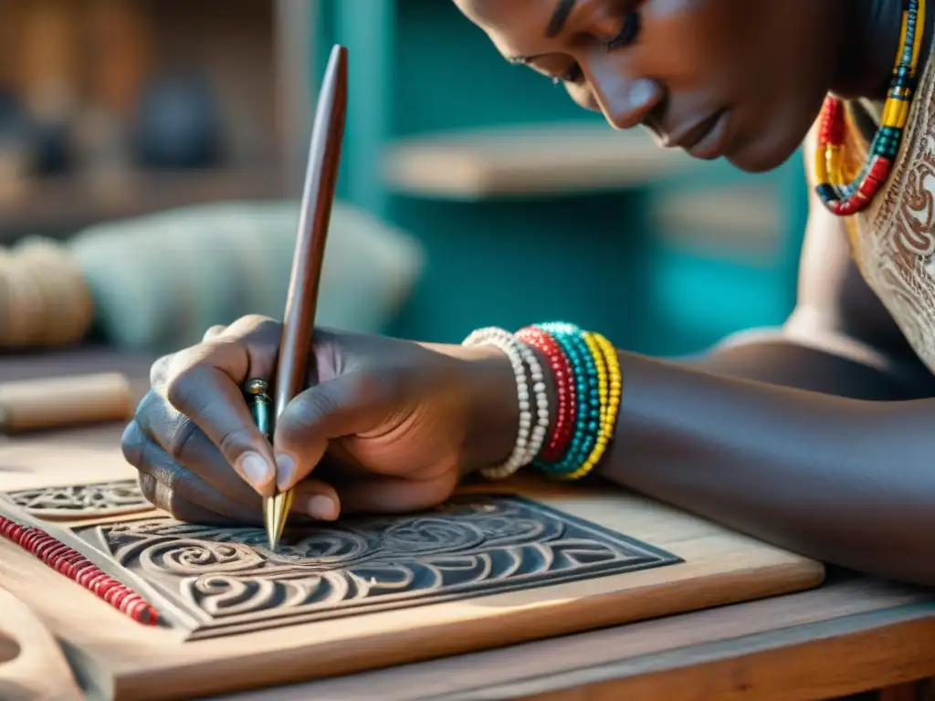 Las hábiles manos de un artesano tallan símbolos en material de escritura africano, destacando las técnicas antiguas en África