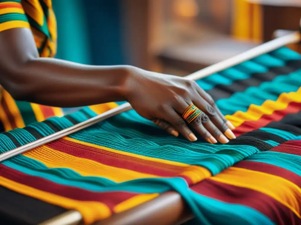 Hábiles manos tejen con delicadeza un vibrante tejido Kente, reflejando la artesanía y tradición de la indumentaria africana en moda global