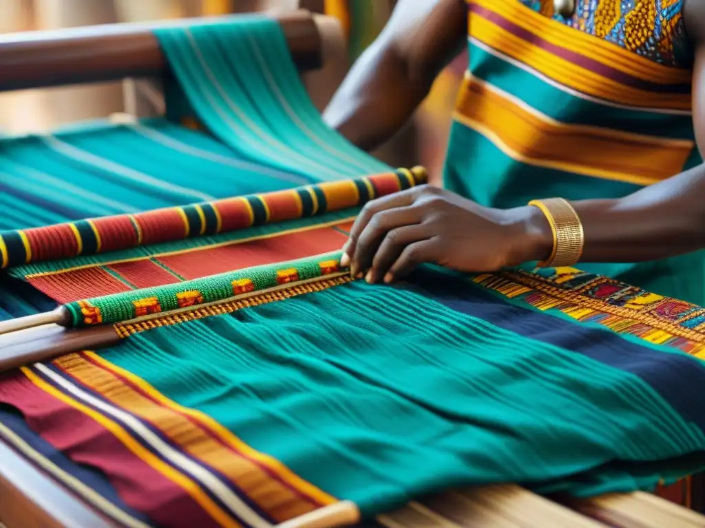 Hábiles manos crean patrones en tela Kente en mercado africano, resaltando comercio textil en civilizaciones africanas