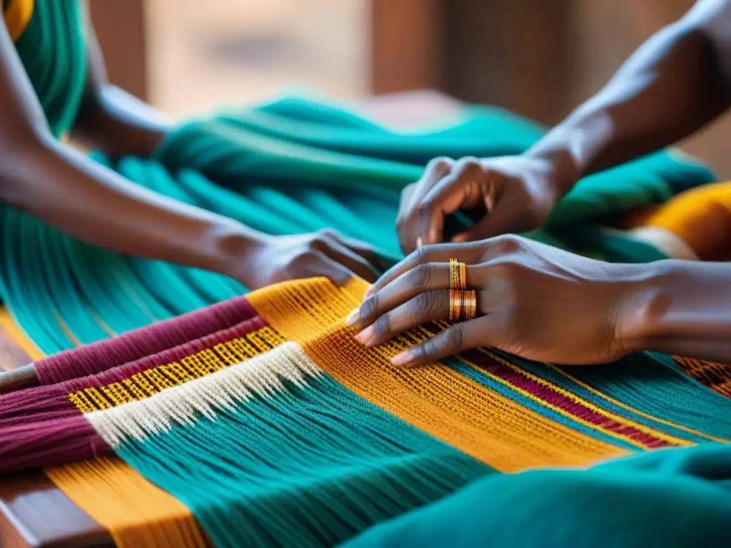 Hábiles manos tejiendo patrones textiles africanos, revelando su significado cultural