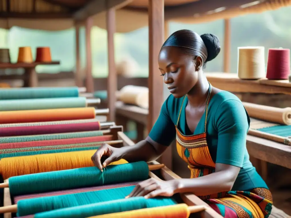 Hábiles manos crean telas vibrantes en taller africano con tecnología textil