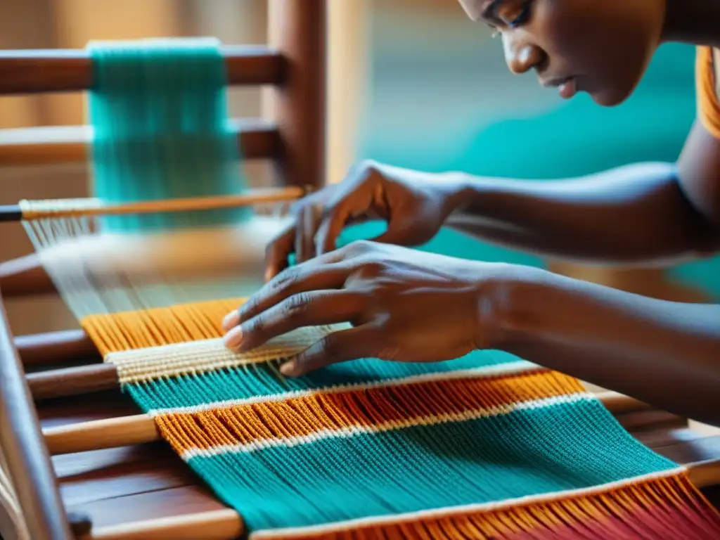 Hábiles manos tejen un textil africano tradicional en telar de madera, resaltando colores vibrantes y patrones intrincados