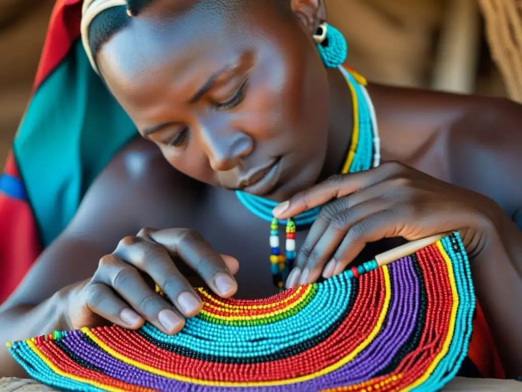 Habilidosa artesana Maasai creando adornos africanos tendencia mundial accesorios con cuentas coloridas