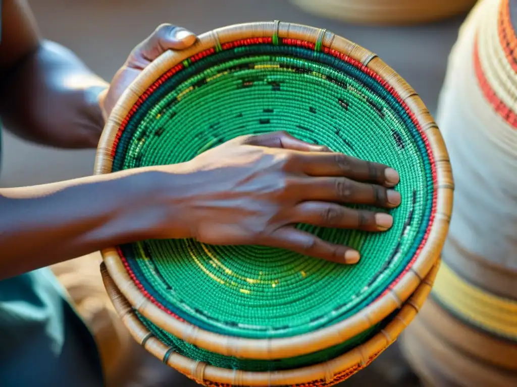 Habilidosas manos africanas tejiendo una colorida cesta de hojas de palma