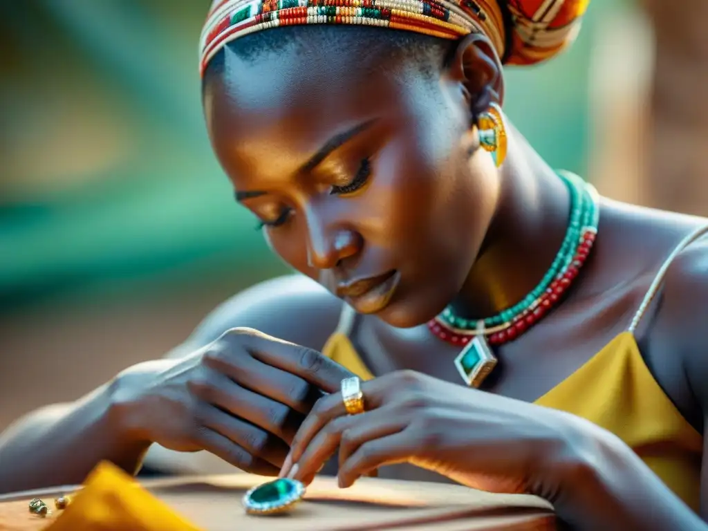 Un habilidoso artesano africano coloca una piedra preciosa africana en una joya, reflejando la rica herencia cultural