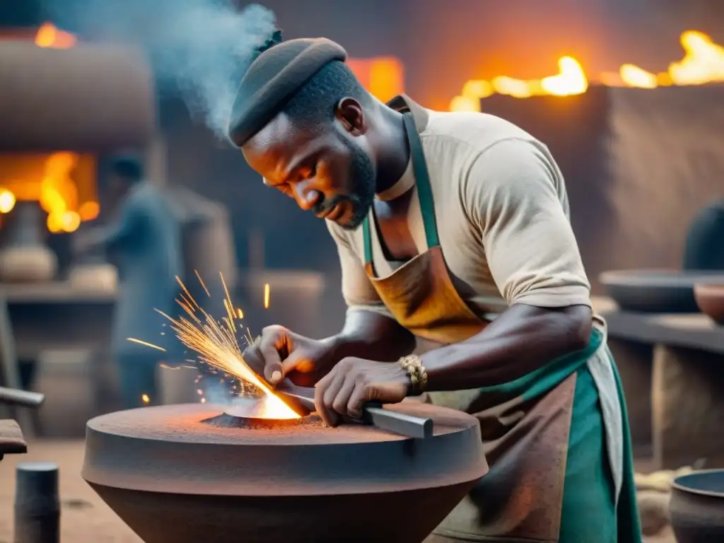 Un habilidoso herrero africano en traje tradicional forja hierro en un taller bullicioso, mostrando la tecnología del hierro en África precolonial