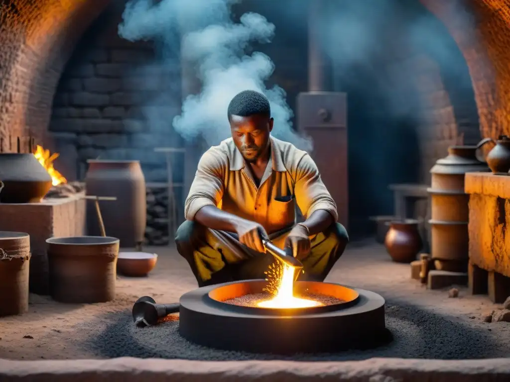 Un habilidoso metalúrgico africano moldea metal fundido en un horno tradicional, rodeado de herramientas y artefactos antiguos