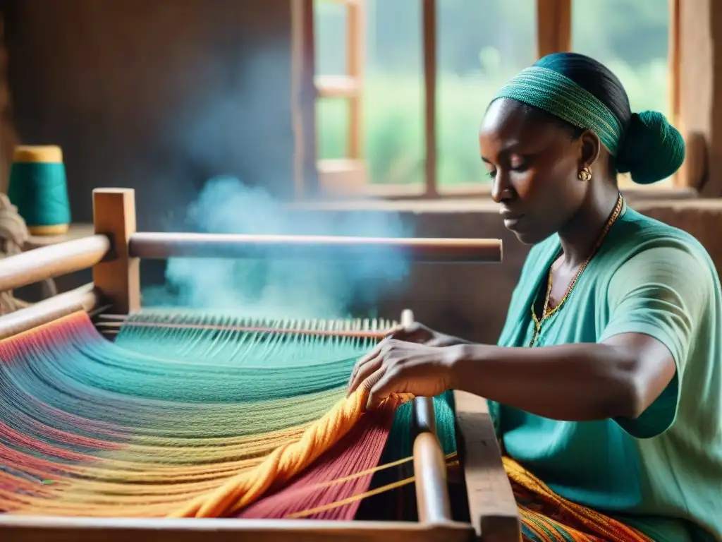 Un habilidoso tejedor africano crea telas vibrantes con técnicas tradicionales en un telar de madera iluminado por el sol