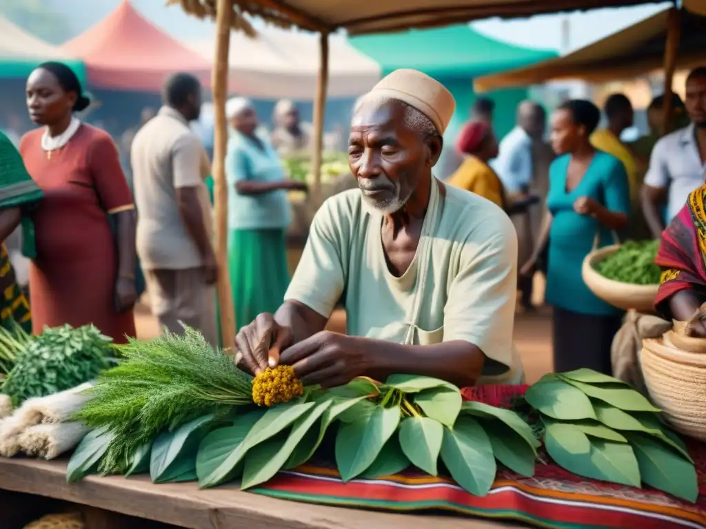 Un herbolario africano seleccionando hojas verdes en un mercado al aire libre, rodeado de textiles tradicionales y curiosos