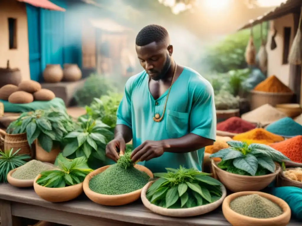 Un herbolario tradicional de Ghana preparando hierbas medicinales en un mercado vibrante, rodeado de plantas y raíces, con textiles coloridos de fondo y la luz suave del sol creando un ambiente cálido