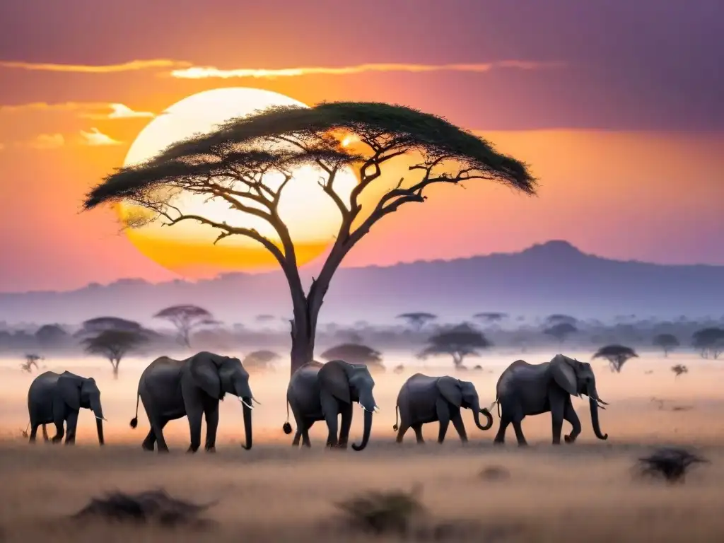 Herd of elephants grazing peacefully at golden hour in African savanna