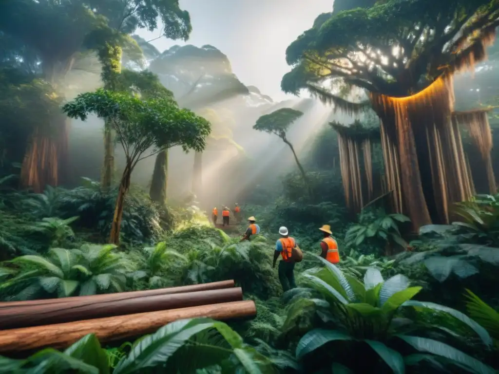 Hermoso bosque africano con árboles de caoba y trabajadores locales cosechando madera