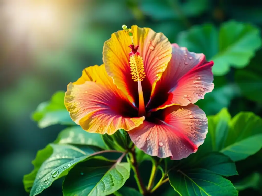 Hermoso hibisco africano en flor bajo el sol, con pétalos rojos y estambres amarillos, rodeado de rocío matutino