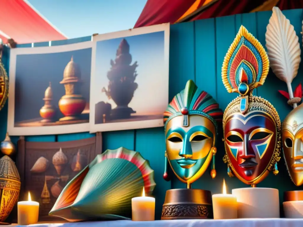 Un hermoso puesto de mercado con arte religioso colorido: máscaras africanas, estatuas caribeñas, conchas y velas