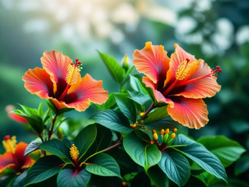 Hermosos hibiscos africanos en un jardín botánico, detallando sus colores y texturas